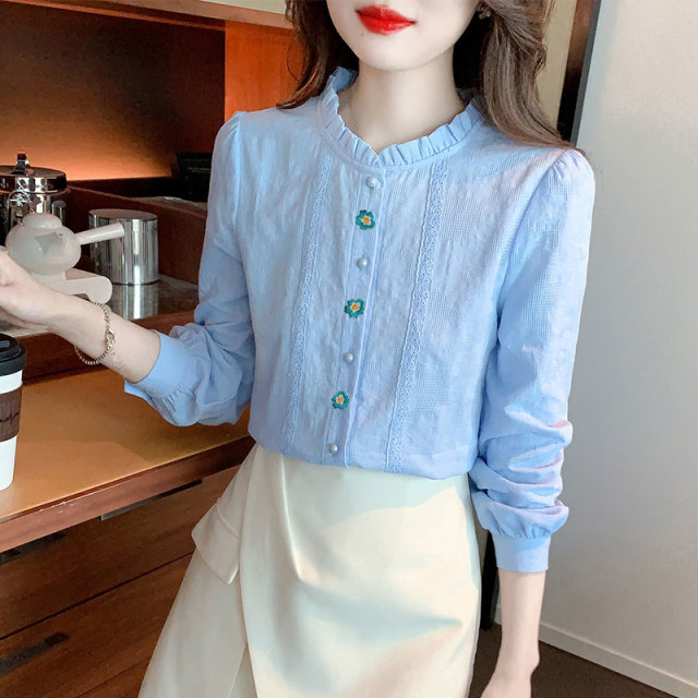 13461148.初云紫衣春秋 女韩版百搭木耳边立领衬衫长袖内搭打底衫上衣6900