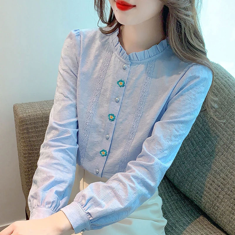 13461148.初云紫衣春秋 女韩版百搭木耳边立领衬衫长袖内搭打底衫上衣6900