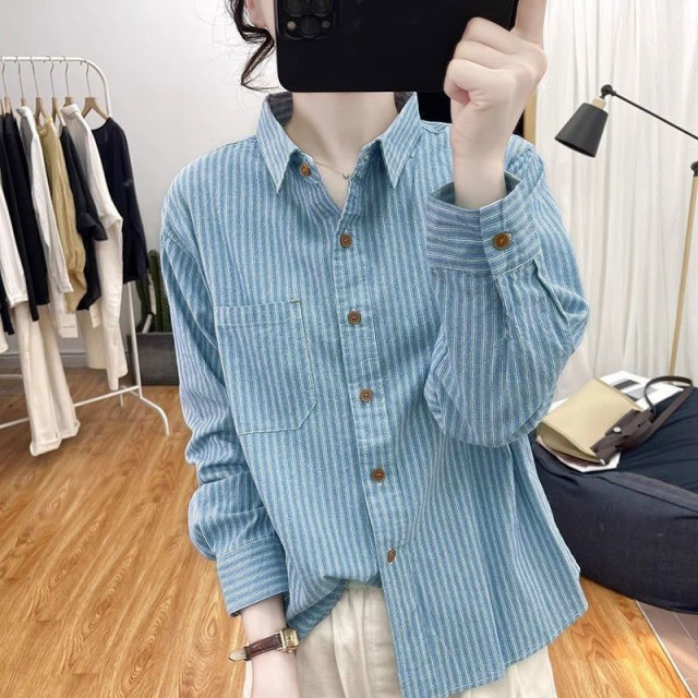 13461093.初云紫衣秋装 女长袖韩版条纹衬衫宽松显瘦衬衣叠穿上衣0111