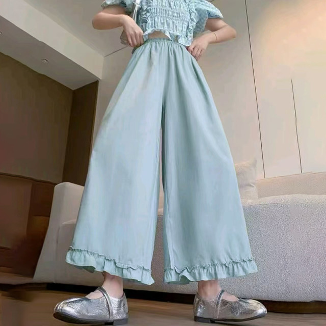13460988.初云紫衣夏春装 女百搭木耳边阔腿裤薄款高腰松紧九分休闲裤0761