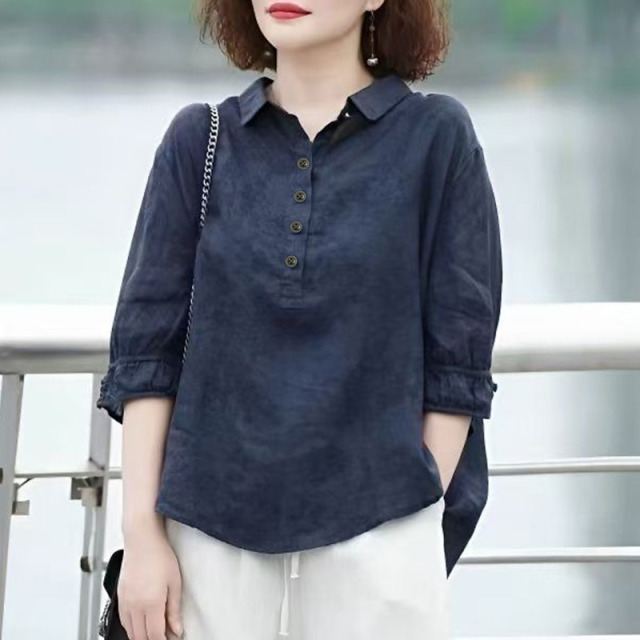 13460963.初云紫衣春夏装 女文艺复古衬衫薄款洋气提花中袖翻领显瘦衬衣上衣0317