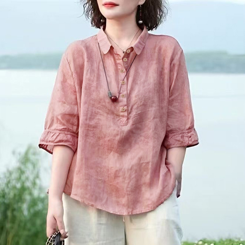 13460963.初云紫衣春夏装 女文艺复古衬衫薄款洋气提花中袖翻领显瘦衬衣上衣0317