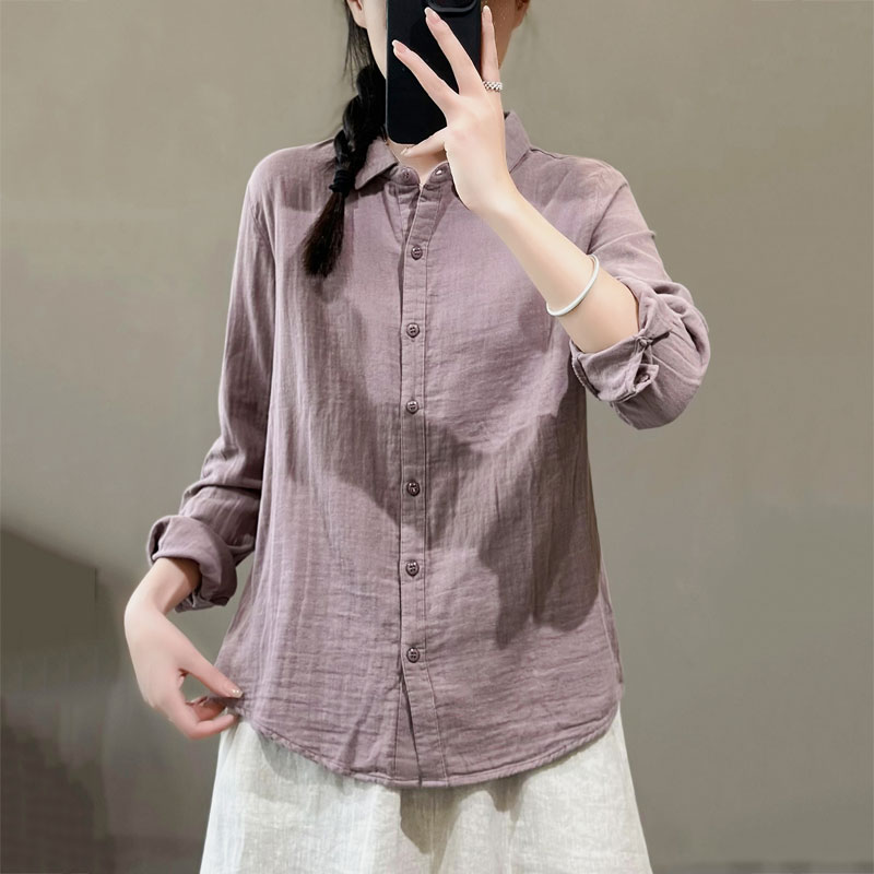 13460932.初云紫衣春秋装 女简约纯色翻领长袖衬衫通勤百搭气质显瘦开衫上衣3008