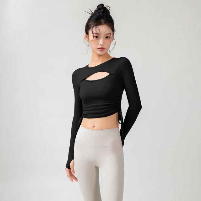 13174149.带胸垫瑜伽服女春季抽绳显瘦运动长袖跑步训练健身上衣普拉提外穿CX8176
