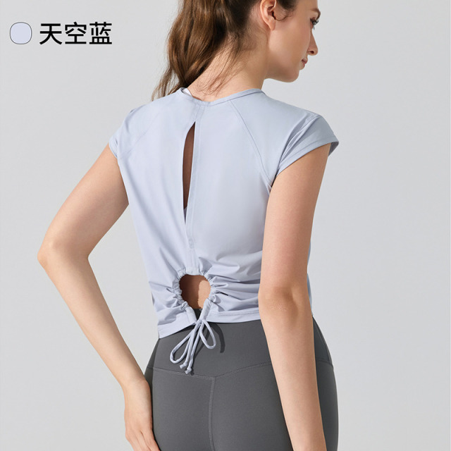 13186792.原纱美背短袖t恤凉感透气跑步镂空运动健身瑜伽服上衣女防晒YD408