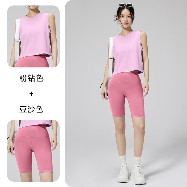 13359014.新款春夏女瑜伽圆领无袖普拉提裸感跑步健身高腰提臀运动短裤套装TZ01111