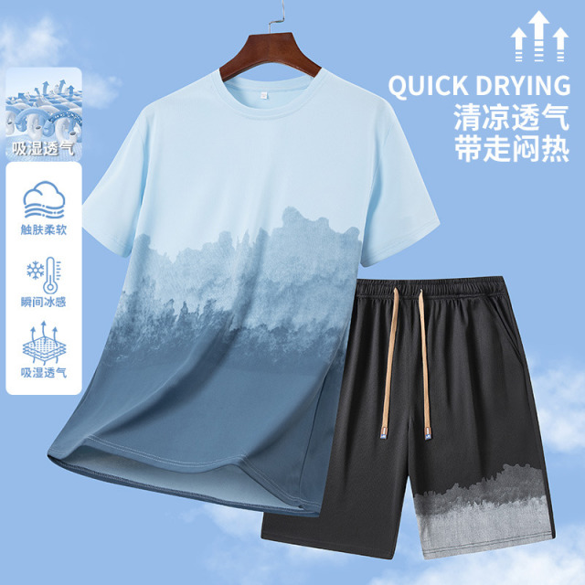 13510013.夏天涂鸦渐变冰丝运动套装男士夏季新款休闲短袖t恤套装青年短裤两件套运动服TZ8869