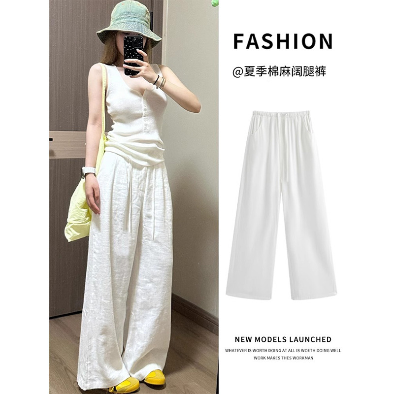 13539843.天丝亚麻阔腿裤女夏季薄款新款冰丝宽松直筒休闲慵懒拖地裤子KZH36