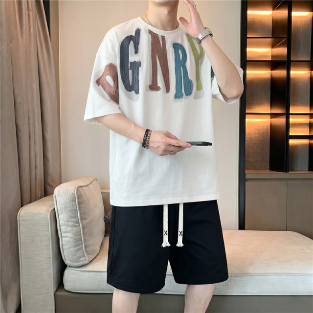 13618947.短袖男套装夏季新款大码t恤男冰丝宽松两件套TZ2617