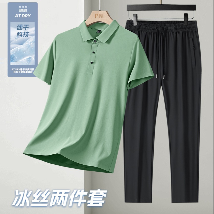 13619719.牧塔伦两件套透气翻领polo衫冰丝男士短袖t恤套装夏季休闲短袖长裤套装TZ6688