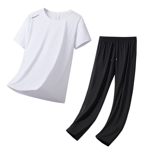 13677100.牧塔伦夏季新款冰丝T恤长裤运动套装男女同款短袖T恤长裤套装情侣款TZM5555