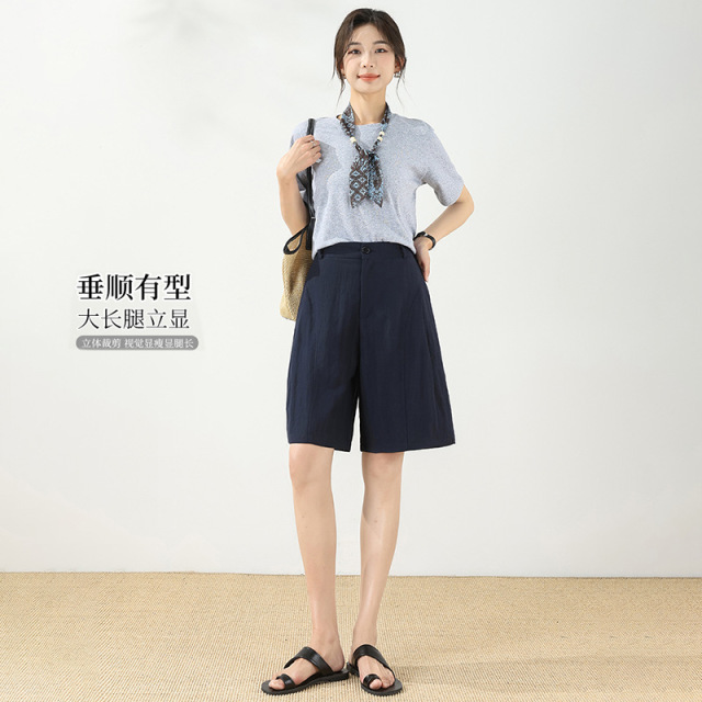 13719085.牧塔伦慵懒风天丝亚麻五分裤女夏薄款A字宽松莱赛尔棉麻山本短裤贝斯裤DK2616