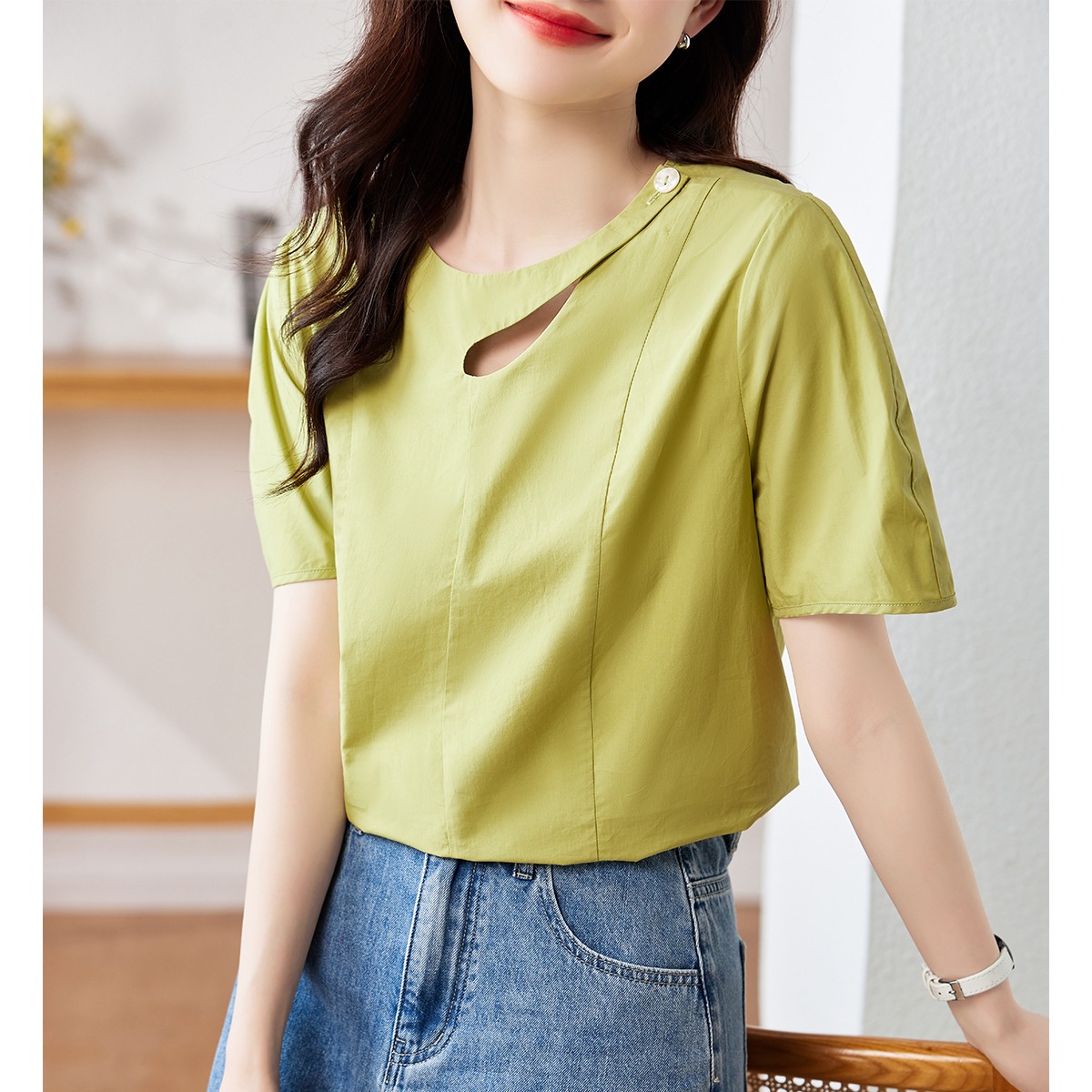 10626478.【纯棉休闲衬衫】夏季纯色休闲慵懒风女中袖衬衫