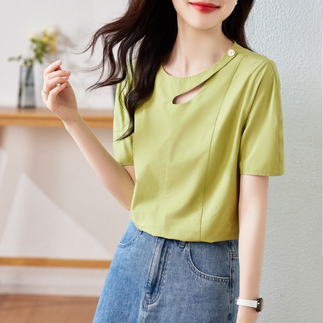 10626478.【纯棉休闲衬衫】夏季纯色休闲慵懒风女中袖衬衫