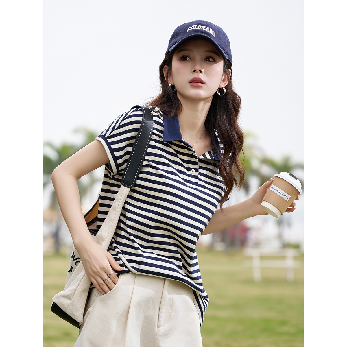 10635235.【文艺小翻领T恤】夏季透气显瘦条纹宽松纯棉短袖女