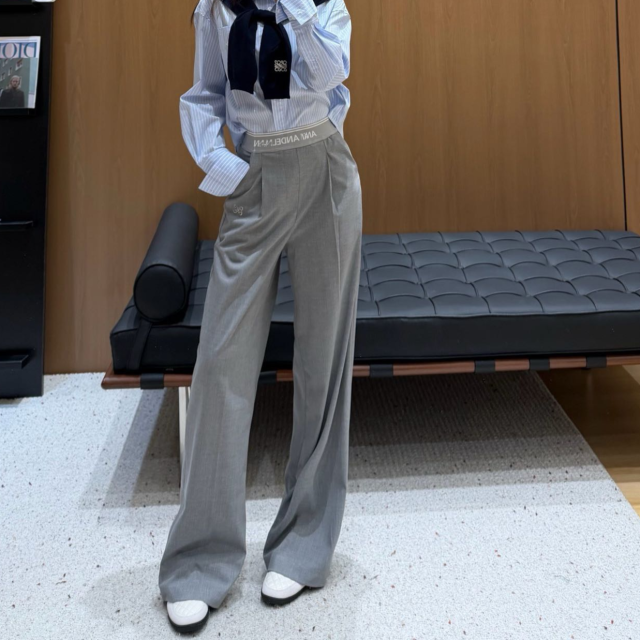 13680919.2026气质通勤高腰显瘦松紧织带腰头字母拼接高级感灰色阔腿休闲西裤 030311513