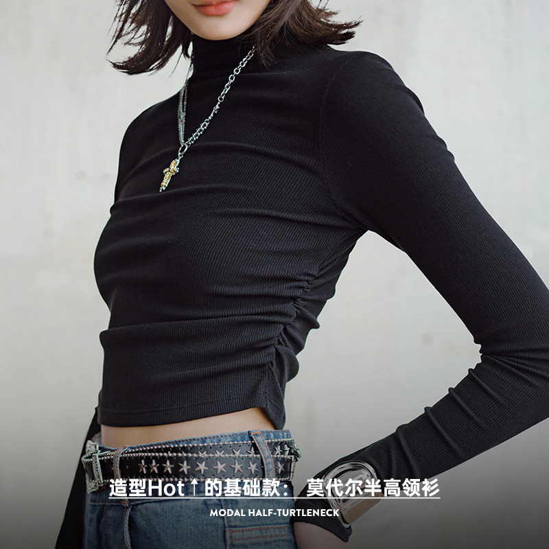 13153135.马登莫代尔半高领打底衫抽褶修身叠穿长袖T恤内搭外穿上衣春季女服饰