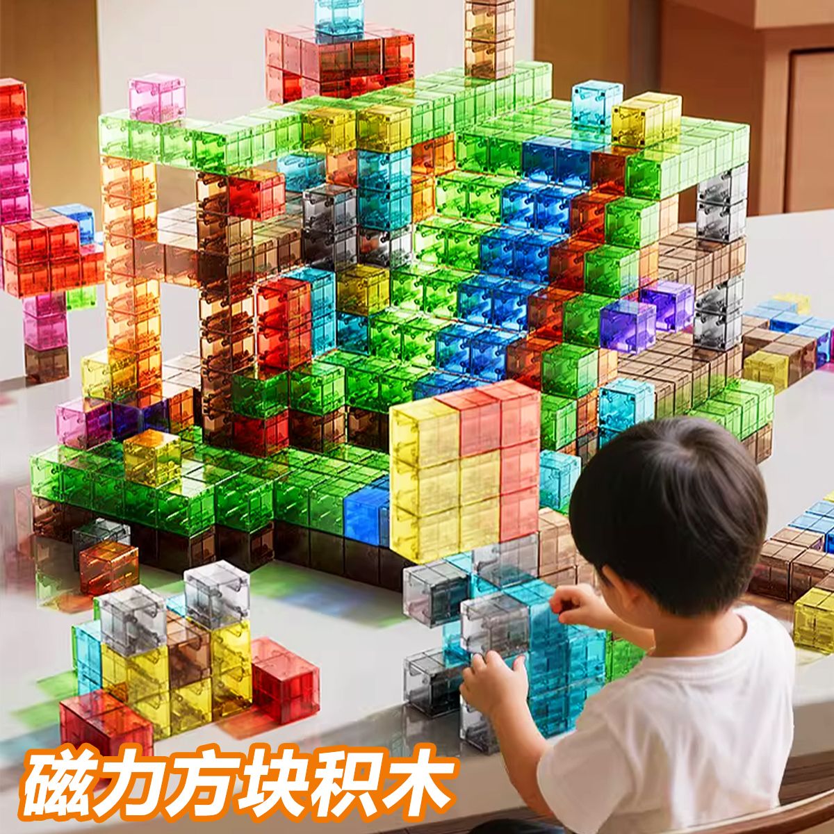 13311800.透明磁力积木块磁吸铁立体方块几何拼装全套百变早教益智儿童玩具节日礼物