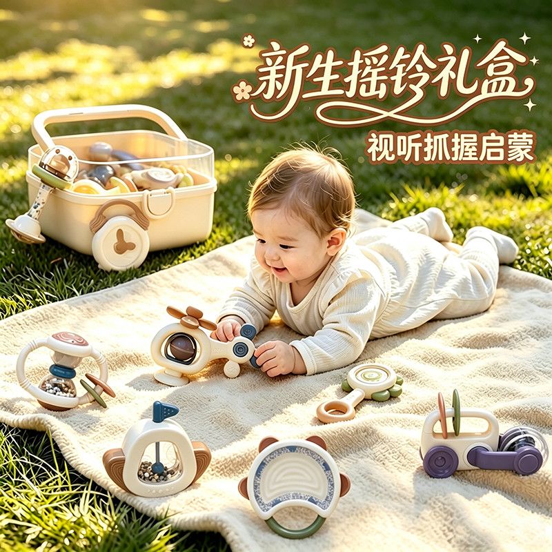 13814919.婴儿摇铃玩具可啃咬牙胶宝宝视听抓握早教礼盒新生儿满月百天周岁礼物