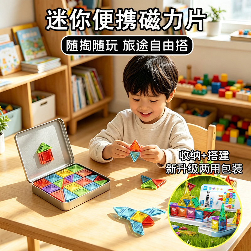 13813833.口袋便携迷你磁力片儿童益智玩具积木正方形拼图强力磁吸铁盒男女孩礼物