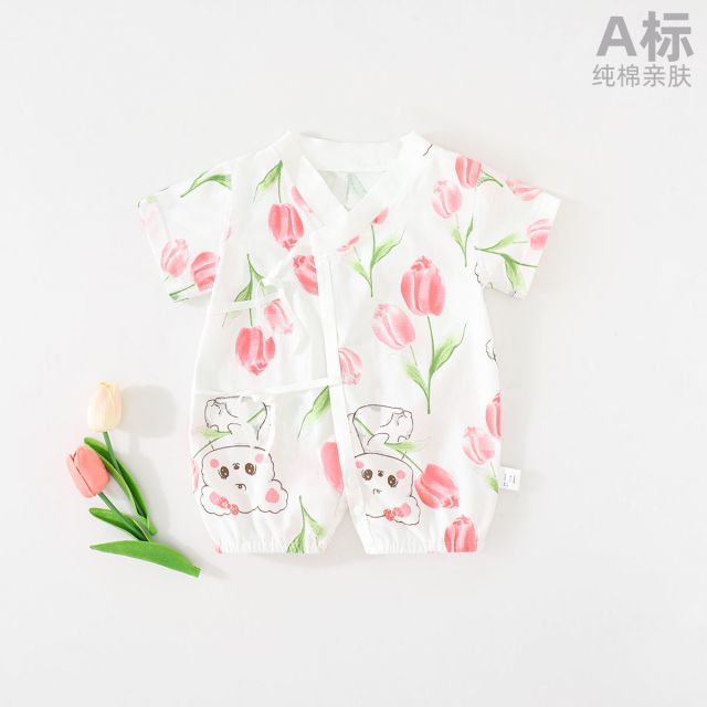 12142235.木木屋正品婴儿系带纯棉哈衣新生儿A类偏襟爬服宝宝和尚短袖家居连体衣