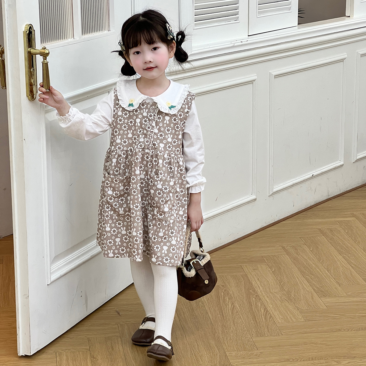 12185586.木木屋女童衬衫裙子两件套春秋婴幼公主裙纯棉大翻领打底衫背心连衣裙儿童套装
