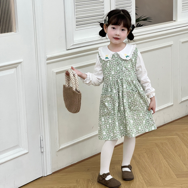 12185586.木木屋女童衬衫裙子两件套春秋婴幼公主裙纯棉大翻领打底衫背心连衣裙儿童套装
