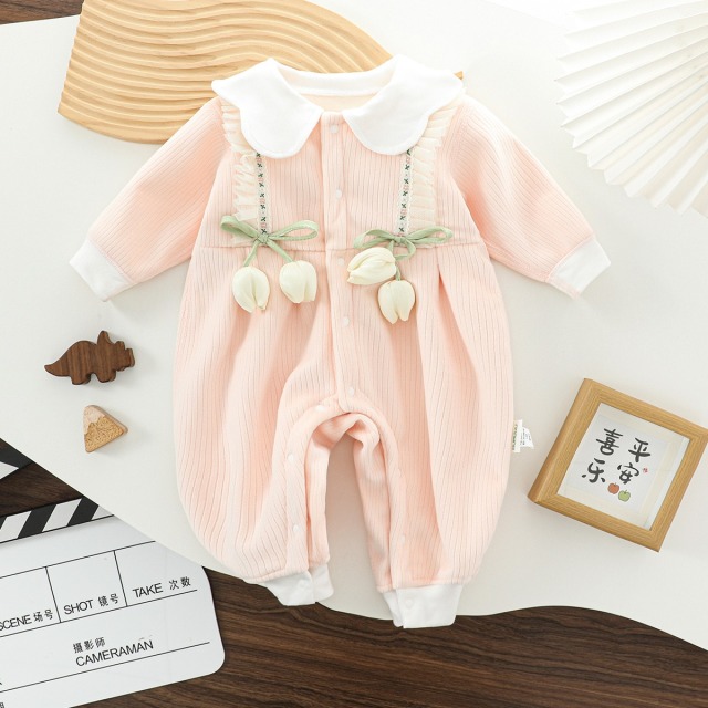 12543789.木木屋正品新生婴儿连体衣公主风郁金香哈衣女宝宝秋季外出爬服花边翻领衣服