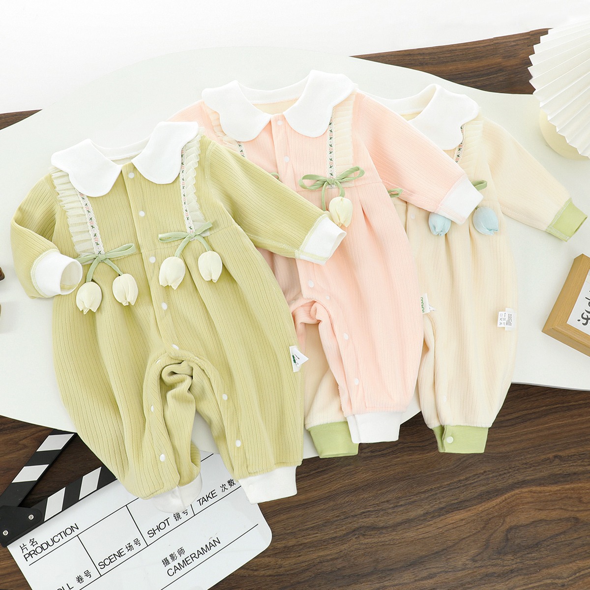 12543789.木木屋正品新生婴儿连体衣公主风郁金香哈衣女宝宝秋季外出爬服花边翻领衣服