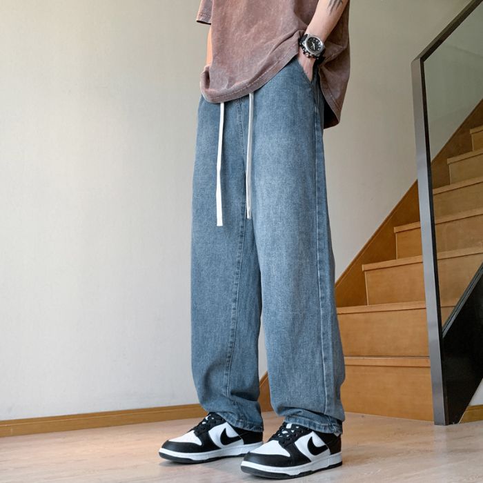 11647289.引闻 男士松紧腰系带直筒牛仔裤宽松休闲阔腿裤