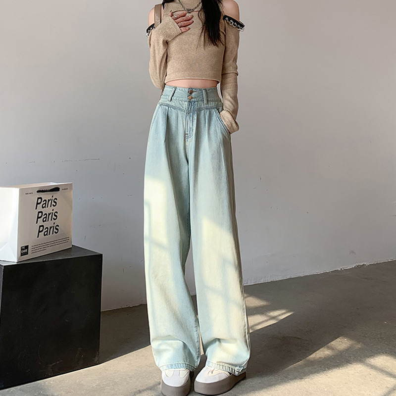 13376953.引闻 高腰排扣皱褶设计阔腿牛仔裤女