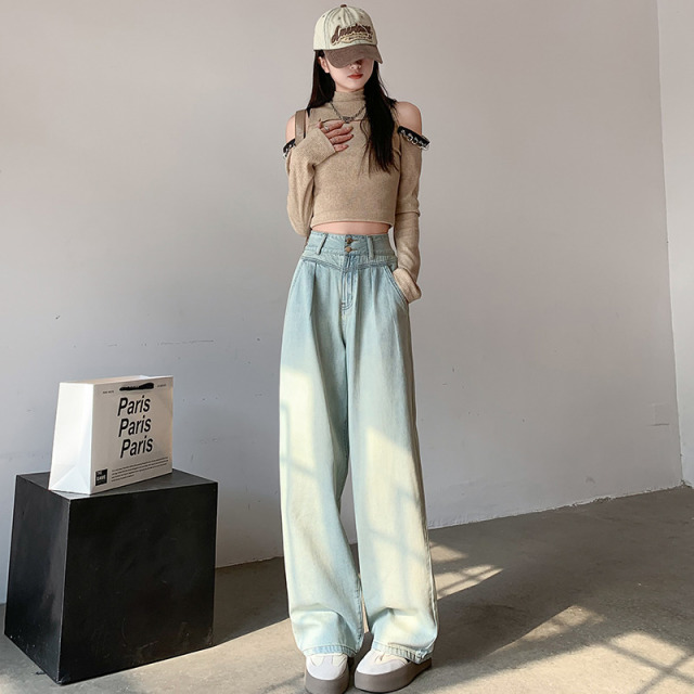 13376953.引闻 高腰排扣皱褶设计阔腿牛仔裤女