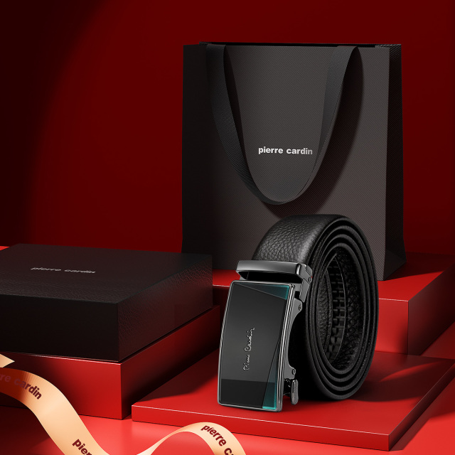 12757124.皮尔·卡丹 男士皮带真皮自动扣腰带高档品牌裤带配礼盒送男友老公礼物