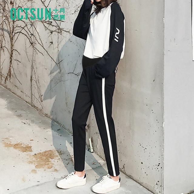 12999724.十月名裳孕妇裤孕妇侧边条纹运动裤春秋外穿裤时尚潮妈孕妇裤子
