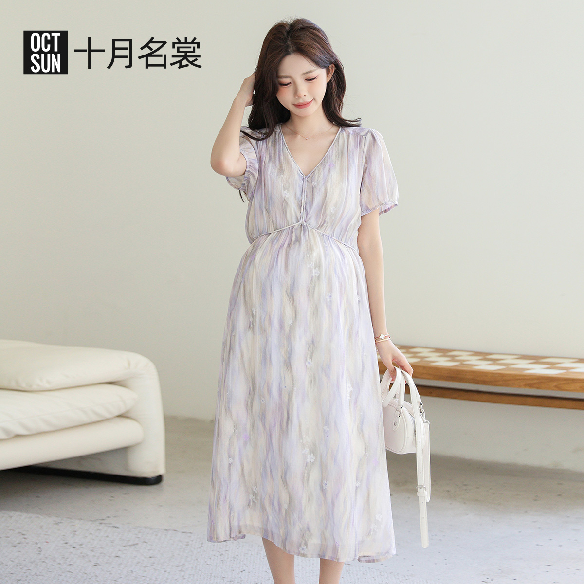 12999517.十月名裳 孕妇连衣裙夏季新款时尚显瘦法式韩版短袖碎花长裙孕期裙子
