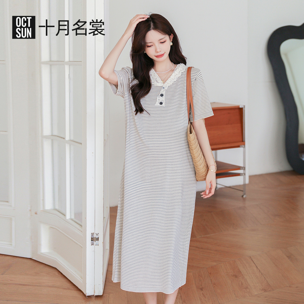 12999520.十月名裳孕妇装连衣裙2025夏季新款蕾丝连帽时尚休闲大码条纹T恤短袖裙子
