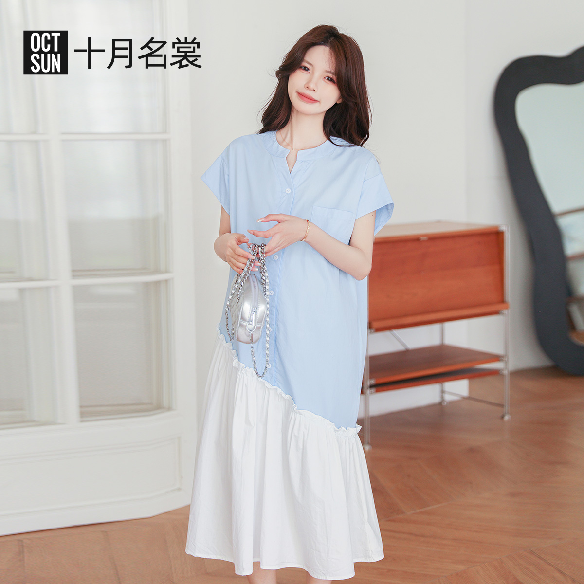 12999503.十月名裳孕妇连衣裙夏季新款法式高级感穿搭不规则拼接撞色假两件裙子