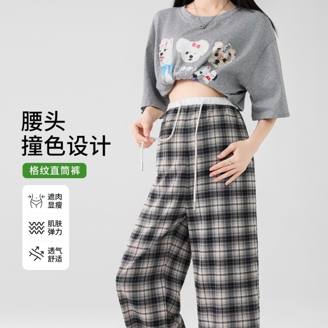 12999501.十月名裳孕妇春夏薄款外穿阔腿垂感长裤撞色孕妇装夏装休闲格纹裤