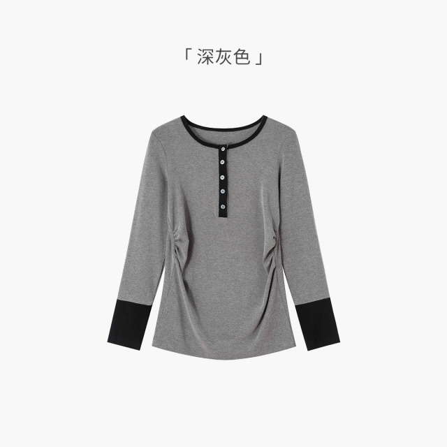 12999486.十月名裳孕妇上衣T恤外穿拼色半开领打底衫女孕期显瘦长袖内搭外出衣秋装