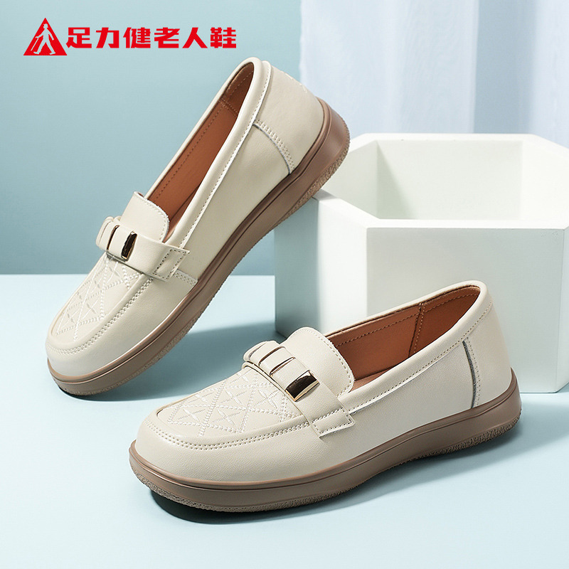 12609197.足力健老人鞋软底单鞋女士休闲皮鞋妈妈鞋一脚蹬平底鞋 6160K