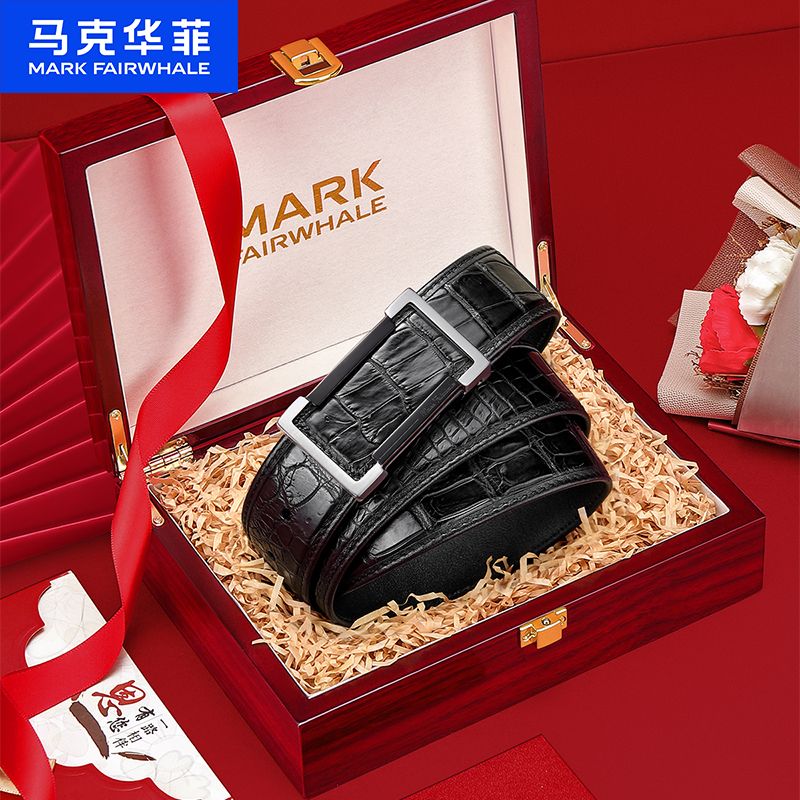 12796414.马克华菲 男式皮带轻奢不锈钢鳄鱼皮配牛皮男式腰带男款裤带节日礼物