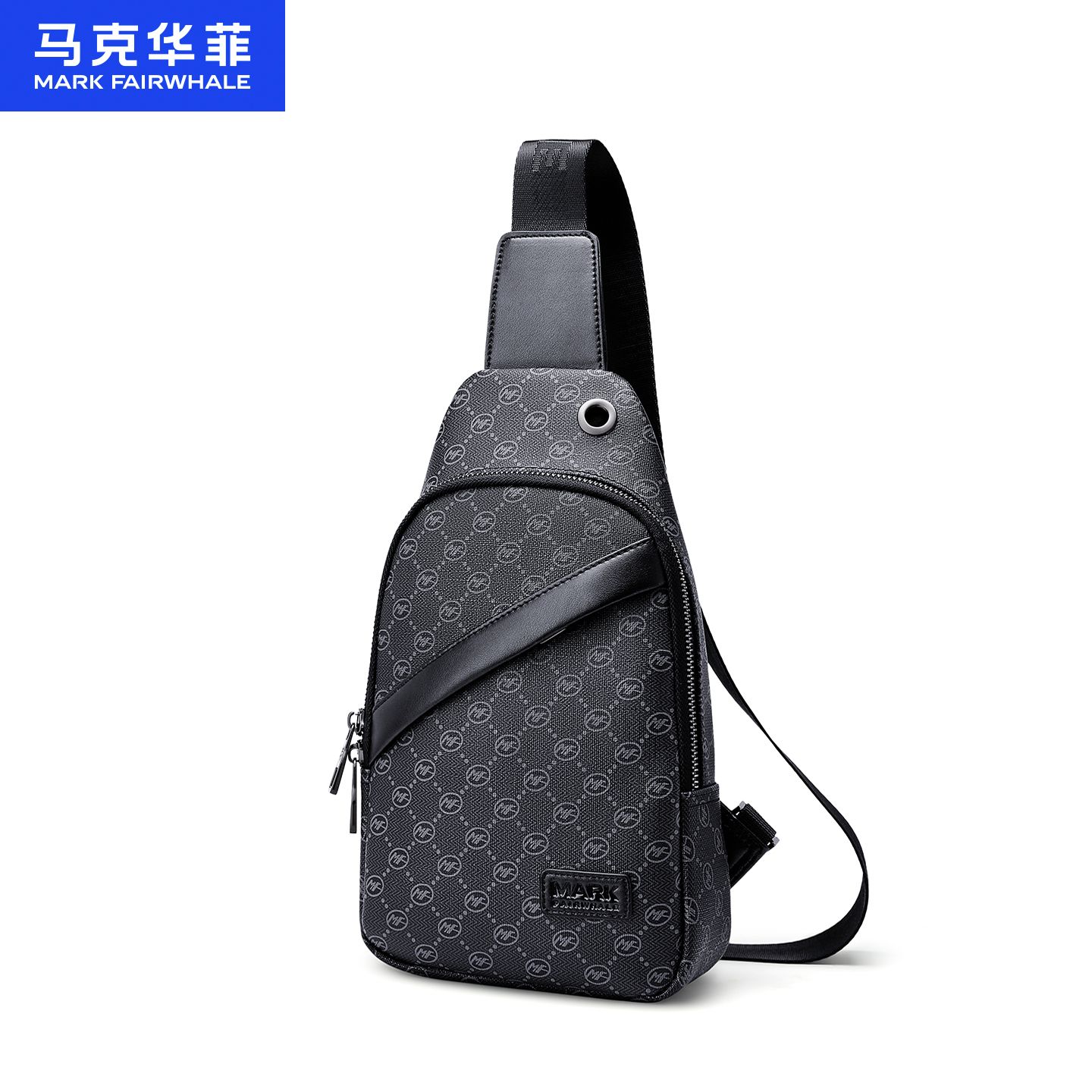 12796619.马克华菲 男士胸包韩版潮流时尚印花休闲通勤背包单肩包耳机孔位斜挎包男包