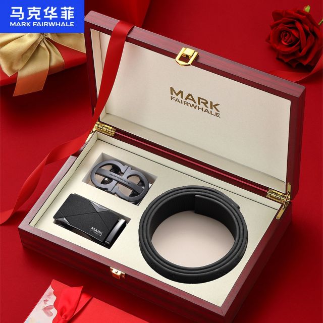 13069081.马克华菲 正品男士真皮自动扣皮带商务头层牛皮裤腰带双扣礼盒装送男友