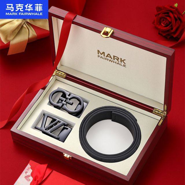 13069188.马克华菲 双扣头礼盒装时尚男士皮带真皮自动扣头层牛皮腰带裤带套装