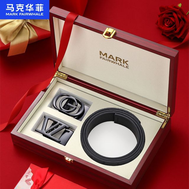 13069113.马克华菲 双扣头男士真皮皮带自动扣双扣头层牛皮带男腰带精品礼盒装