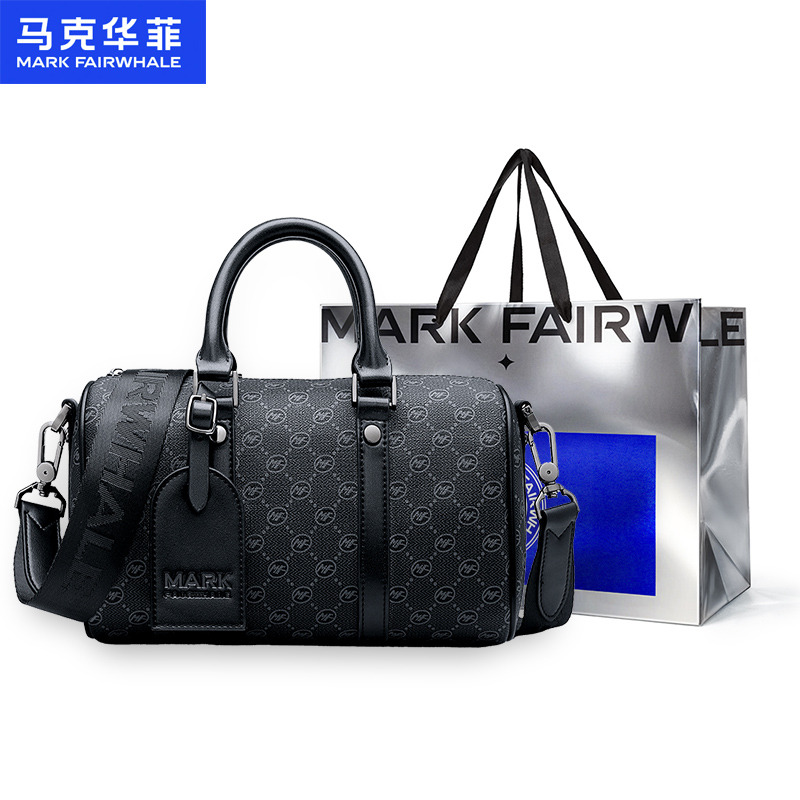 13697412.马克华菲新品男包老花休闲单肩包斜挎手提手拎保龄球波士顿包配礼袋
