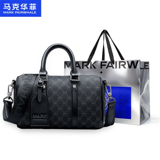 13697412.马克华菲新品男包老花休闲单肩包斜挎手提手拎保龄球波士顿包配礼袋