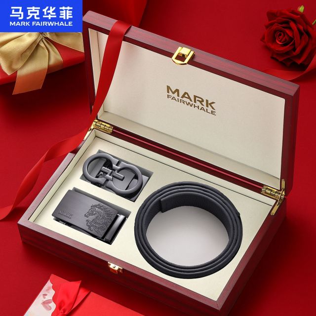 13700175.马克华菲头层牛皮男士皮带真皮双扣套装自动扣中青年男裤腰带节日礼物