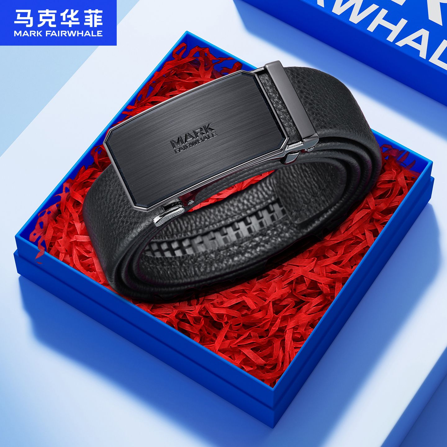 13702736.马克华菲男士牛皮带头层牛皮自动扣腰带商务休闲皮带礼盒装