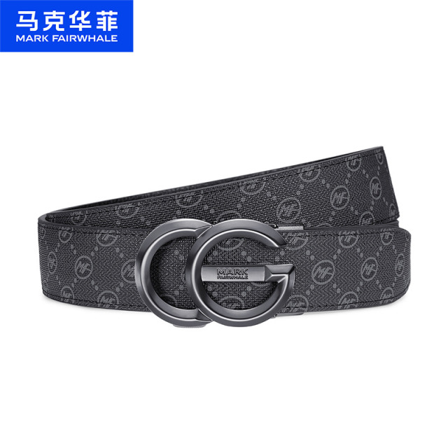 13702888.马克华菲通勤皮带商务休闲男士自动扣腰带字母扣头印花黑色裤带新品